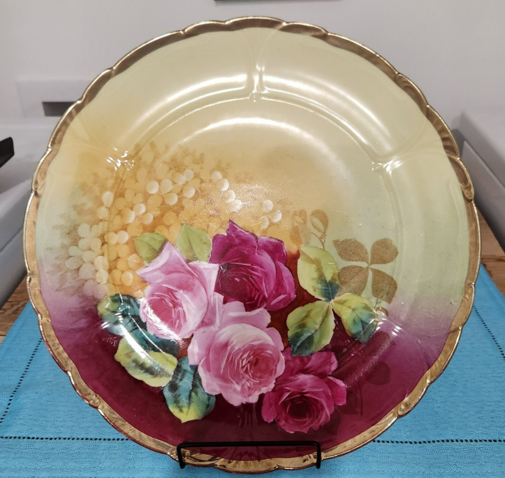 1930s Newport Bell Cake Plate Cabbage Rose Germany Signed by Stern